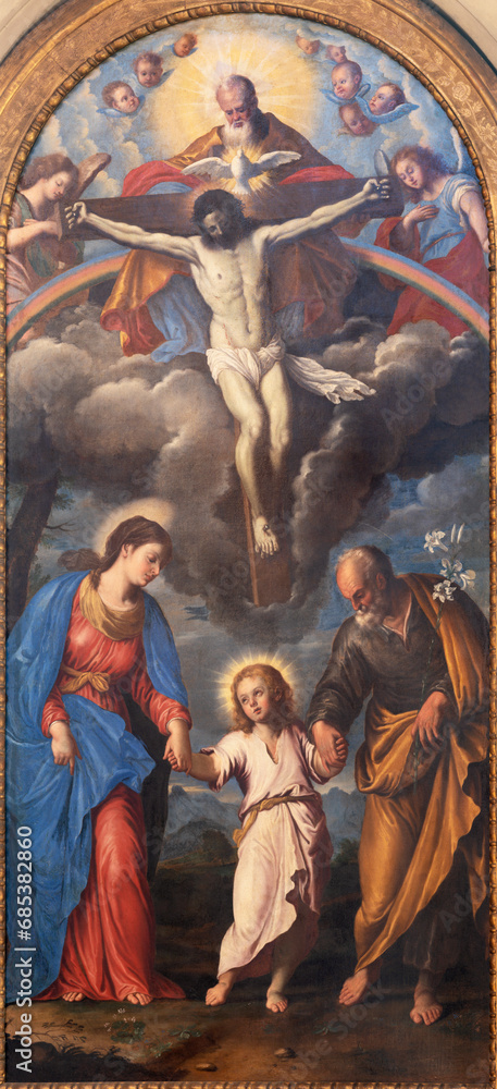 VICENZA, ITALY - NOVEMBER 5, 2023: The painting  of Holy Family with the Holy Trinity in the Cathedral by unknown artist.