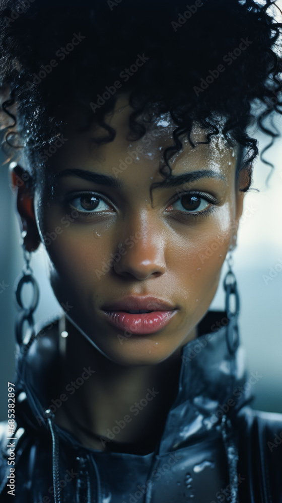 Afro American woman closeup with curly hair wearing black jacket Afro American woman closeup with curly hair wearing black jacket