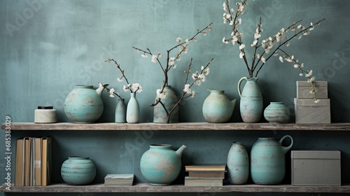 Aesthetic balance, weathered books and intricately designed vases on a Japanese-style wall in soothing aqua tones.