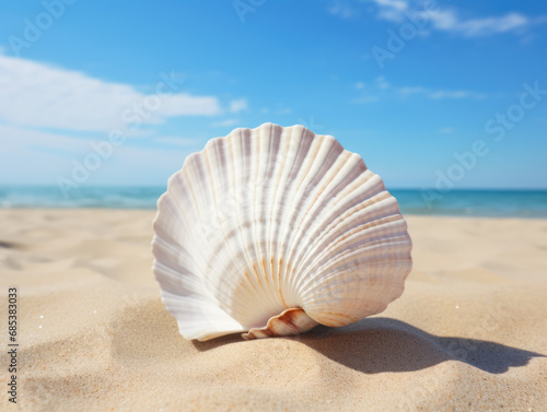 Close-up of a single, pristine seashell on a sandy beach.