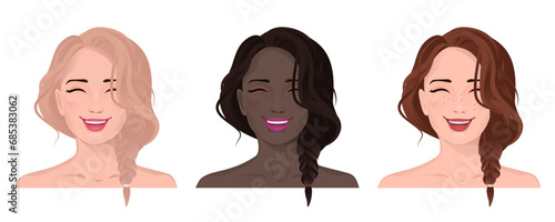 Face portrait of women with divers skin and hair. Facial expression with gesture isolated vector illustration. Avatar for a social network. Vector flat illustration, web, design, beauty and make up.	