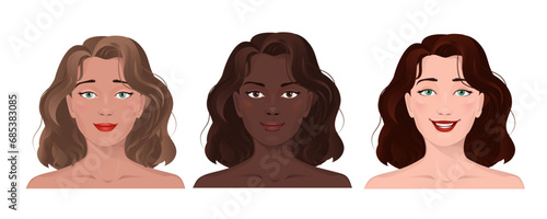 Face portrait of women with divers skin and hair. Facial expression with gesture isolated vector illustration. Avatar for a social network. Vector flat illustration, web, design, beauty and make up.	