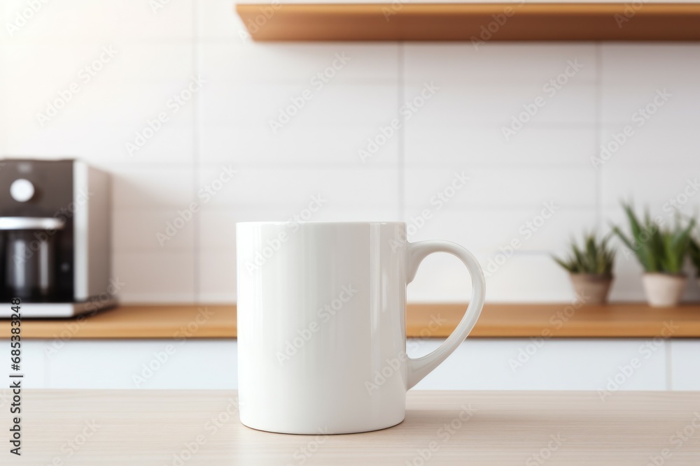 white empty mug on the background of a kitchen white empty mug on the background of a kitchen