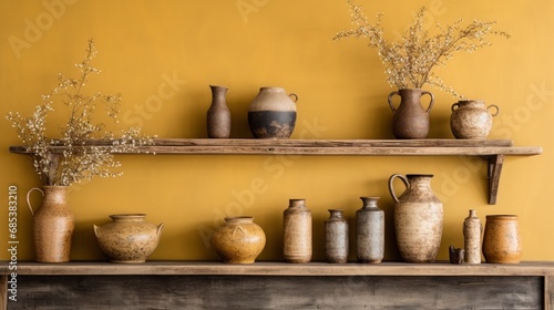Antique Japanese vases paired with dusty volumes on a rustic wooden shelf against a mustard-colored wall.