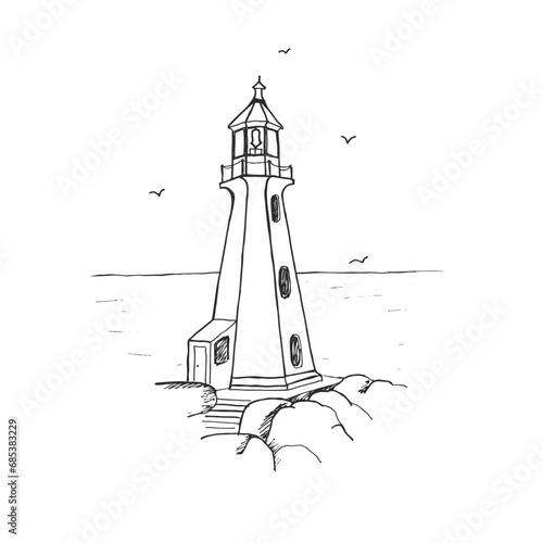 Monochrome hand drawn illustration of lighthouse with beacon on seashore. Island in the ocean with cliffs. Seascape with signal building