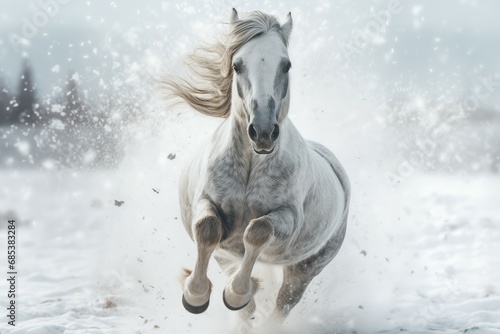Snowy Cute horse in winter snow. Pet mammal. Generate Ai