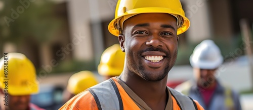 Portrait of man civil engineer, contractor, foreman or construction worker in uniform wearing safety helmet © natasya