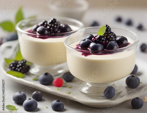 Milk panna cotta with blueberries and blackcurrants and blackberries in glass vases
