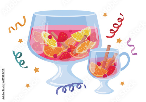 Christmas punch. Winter holidays xmas beverage with citrus fruits and cinnamon spices flat vector illustration. Christmas punch in glass pitcher