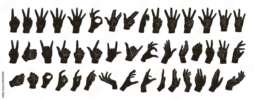 Gestures silhouettes. Human hands signs, okay, peace, heart, call position. Cartoon hand palms gestures flat vector illustration set. Hands signs silhouettes - obrazy, fototapety, plakaty 