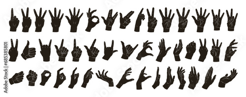 Gestures silhouettes. Human hands signs, okay, peace, heart, call position. Cartoon hand palms gestures flat vector illustration set. Hands signs silhouettes photo