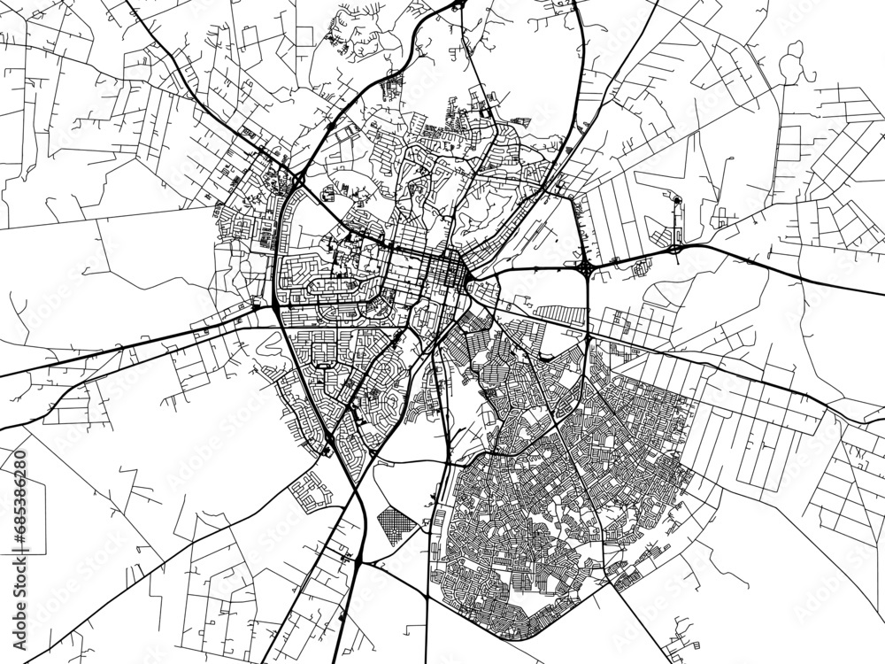 Vector road map of the city of Bloemfontein in South Africa with black roads on a white background.