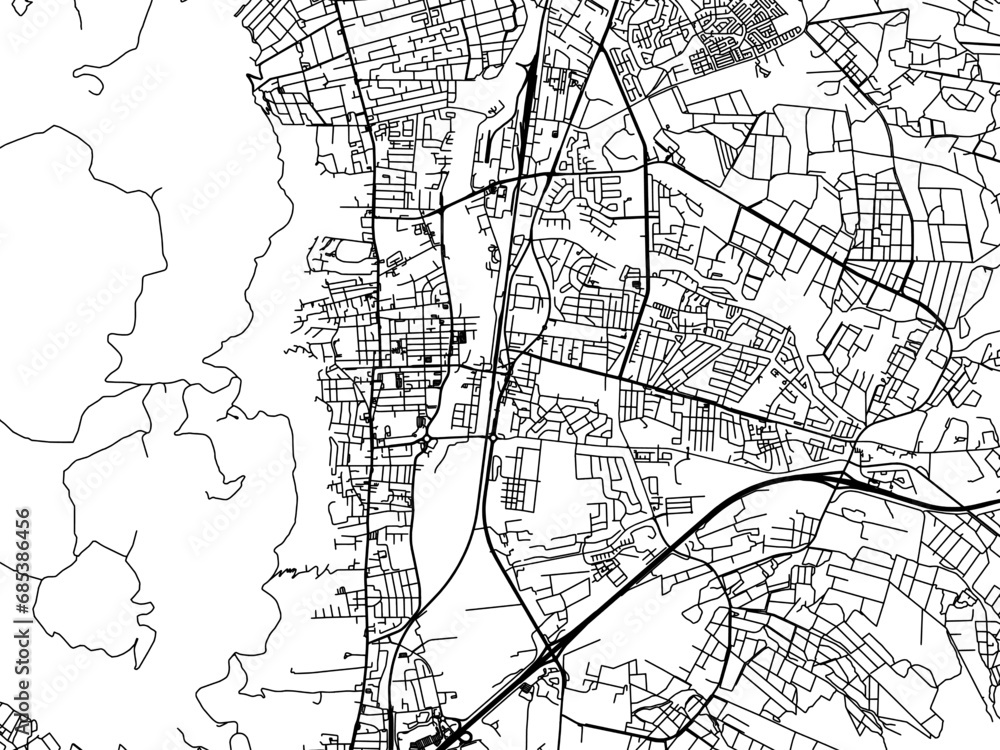 Vector road map of the city of Paarl in South Africa with black roads on a white background.