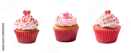 Set of Heart-accented Pink Cupcake Muffins for Valentine’s Day: Diverse Flavours and Design Mockup Template, Isolated on Transparent Background, PNG