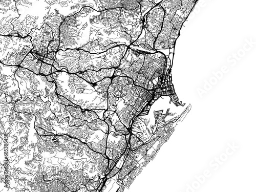 Vector road map of the city of Durban in South Africa with black roads on a white background.