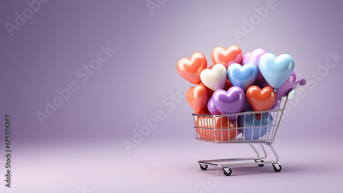 Shopping cart banner with heart shaped balloons. E-commerce. Mother's Day and Valentine's concept. Romantic background. Copy space. 