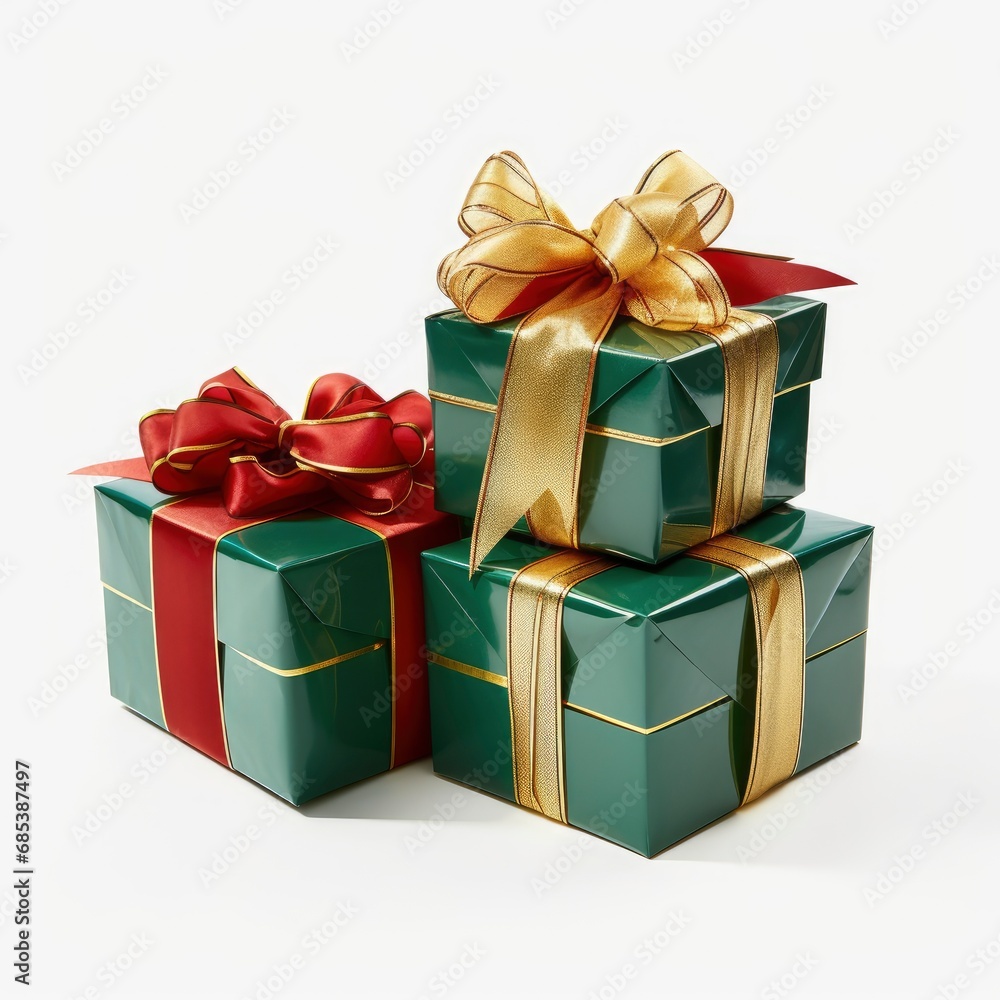 Fototapeta premium Three Festive Gift Boxes Adorned with Gold and Red Bows