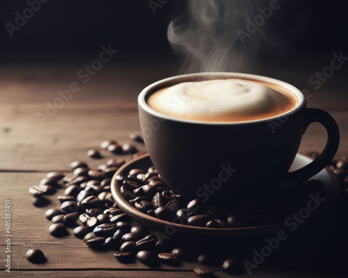 delicious fresh coffee in the morning on a wooden table with coffee beans