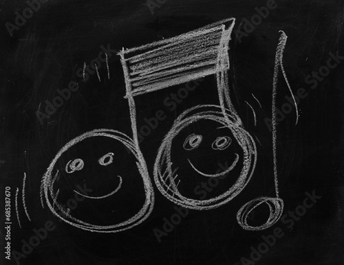 Icon cheerful musical notes, hand draw chalk on chalkboard, blackboard texture