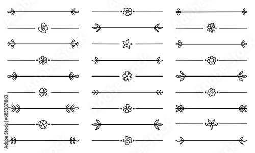 Laurel and floral text dividers doodle set. Wedding decorative elements with leaves and flowers. Branches, divider ornament, borders, lines. Hand drawn vector illustration isolated on white background