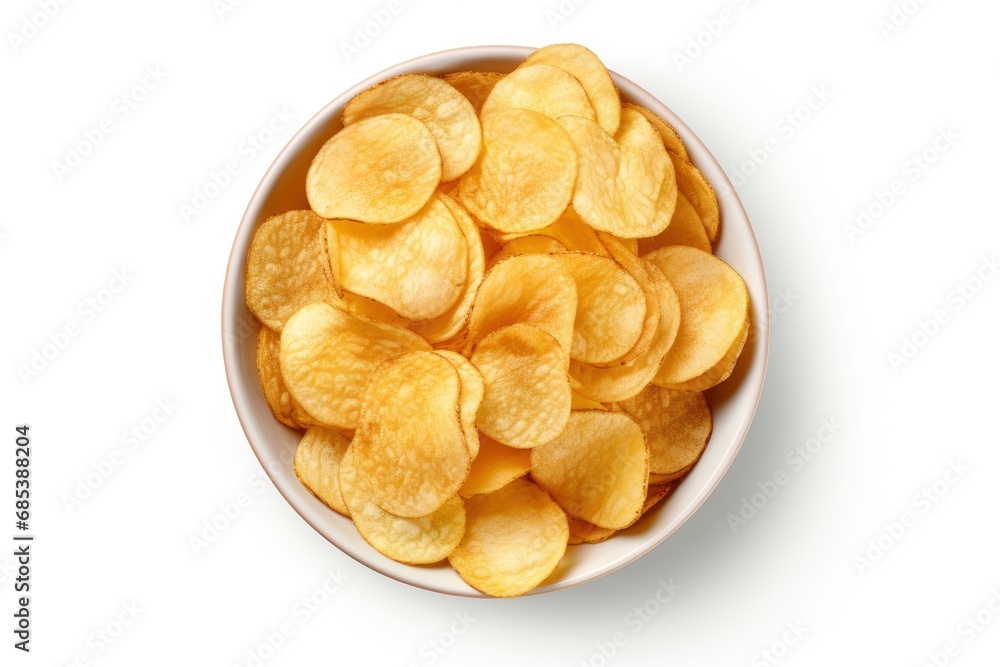 Bowl of Crispy Potato Chips on Clean White Background