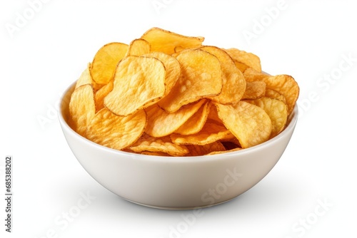 A Bowl of Crispy Potato Chips on a Clean White Background