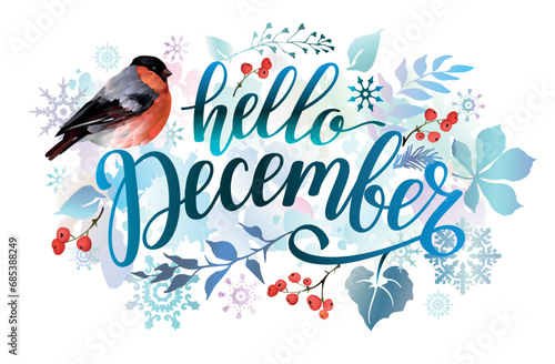 Hello December banner with bullfinch bird, leaves, snowflakes, berries and lettering inscription. Winter background.