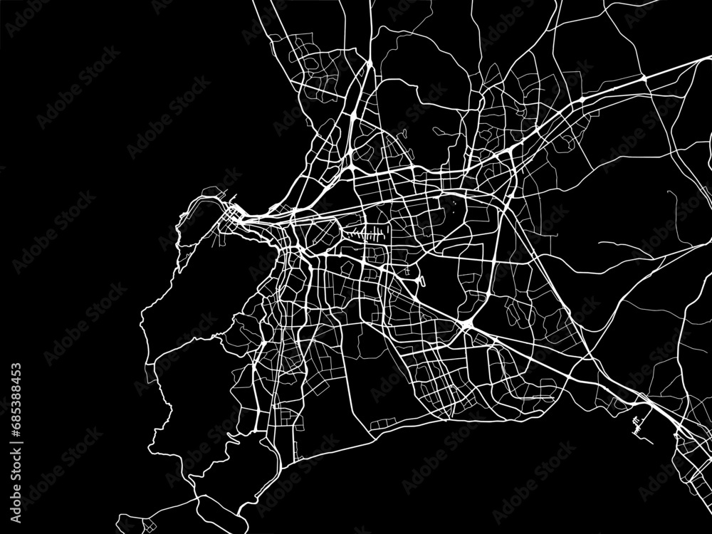 Fototapeta premium Vector road map of the city of Cape Town in South Africa with white roads on a black background.