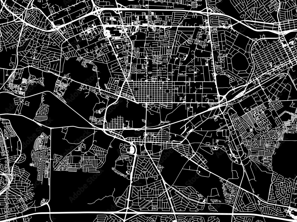 Vector road map of the city of Boksburg in South Africa with white roads on a black background.