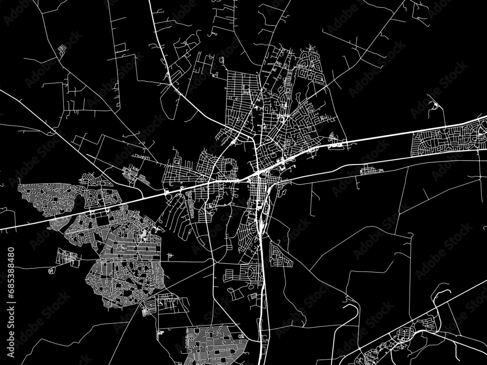 Vector road map of the city of Klerksdorp in South Africa with white roads on a black background.
