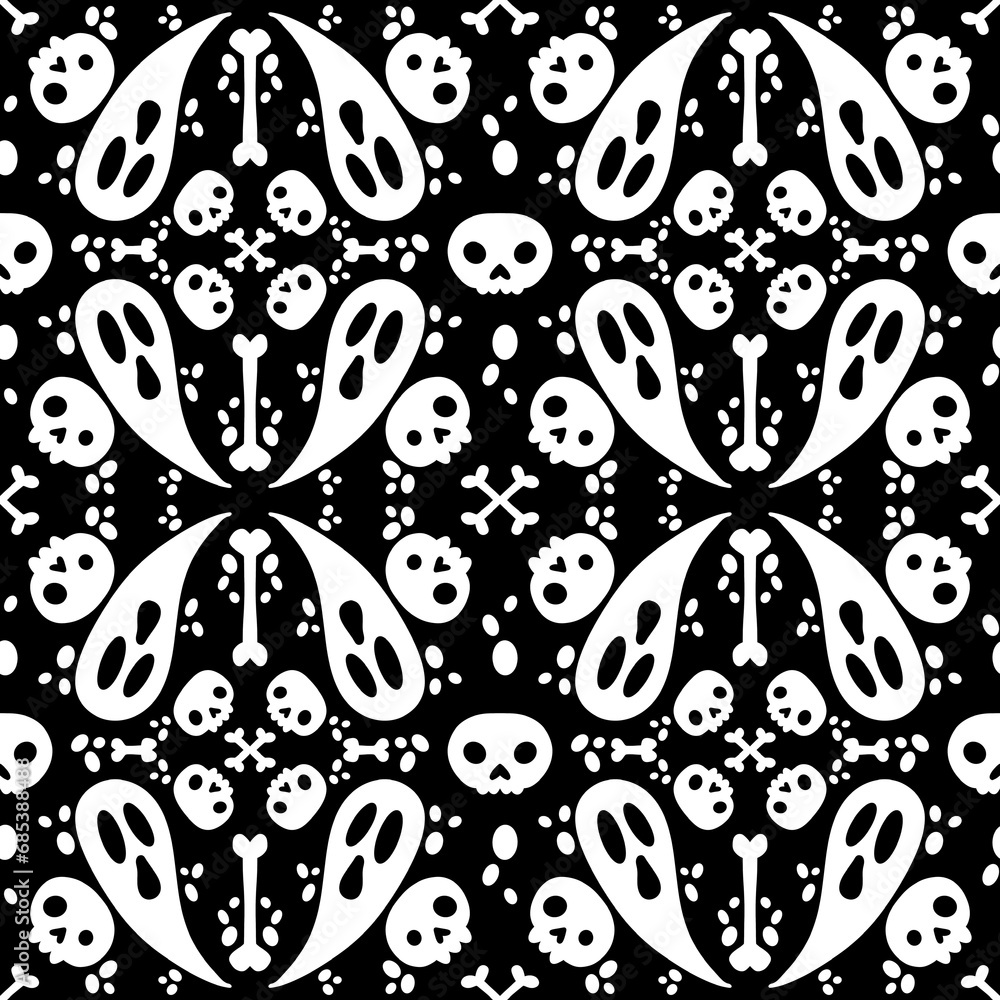 Fototapeta premium Halloween cartoon seamless ghost and bones and skulls pattern for wrapping paper and fabrics and kids accessories