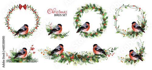 Christmas set with garlands, pine wreaths and red bullfinch birds.