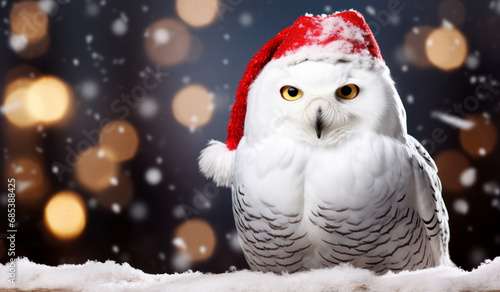 Enchanting Holiday Hoot: Adorable White Snowy Owl Radiates Christmas Spirit in a Charming Red Santa Hat.
