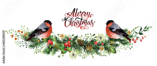 Christmas pine garland with red bullfinch birds and lettering inscription Merry Christmas.