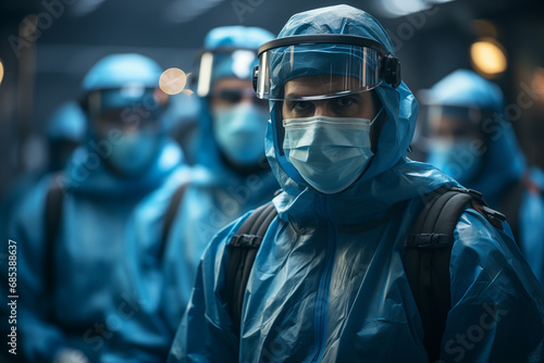 Secret research in military biolaboratories. Scientists in protective suits, glasses and medical masks. Generative AI.