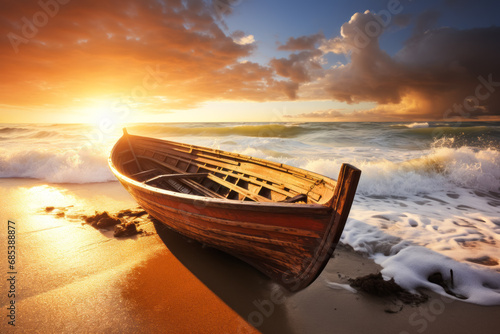 Fototapeta Naklejka Na Ścianę i Meble -  Abandoned boat on the seashore at sunset