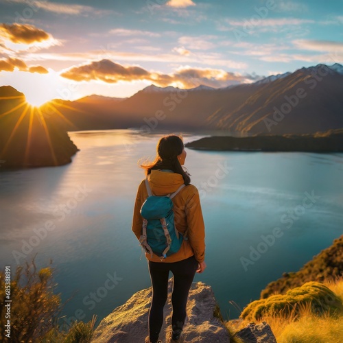 a woman standing on a cliff looking over a body of water at sunset in tramping gear photo