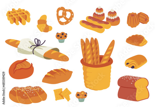 bakery pastry. Vector illustration isolated on a white background. French bread, baguettes, croissant and brioche