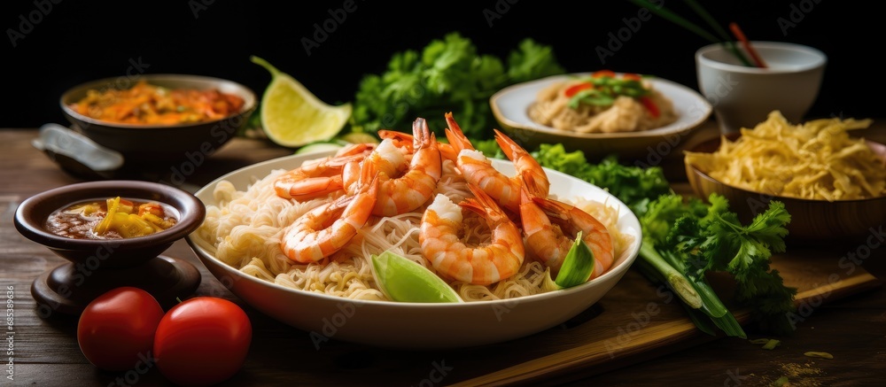 Thai food ingredients decorate Som Tum with Corn and Shrimp, served alongside rice noodles and green salad. Thai food ingredients decorate Som Tum with Corn and Shrimp, served alongside rice noodles and green salad.
