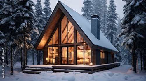Cozy cabin nestled in a snowy Scandinavian forest. Dark wooden panels contrast with pristine white snow. Smoke rises from the chimney, inviting warmth of a fireplace