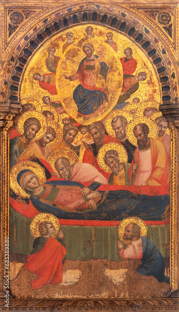 VICENZA, ITALY - NOVEMBER 5, 2023: The central part of medieval painting of Dormition of  Virgin Mary in the Cathedral by Lorenzo Veneziano (1366).