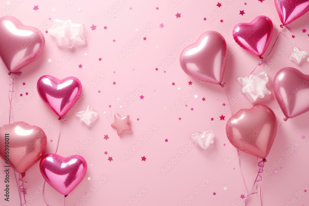 Background with heart-shaped balloons. Valentine's Day, Birthday, Happy Woman Day, Mother's Day. Holiday poster and banner