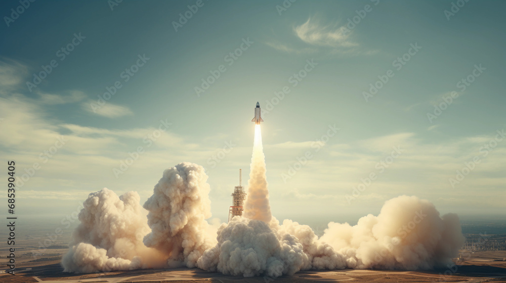 Far away rocket launch in desert. - obrazy, fototapety, plakaty 