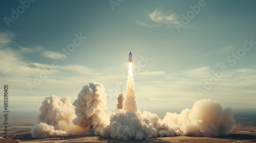 Far away rocket launch in desert.
