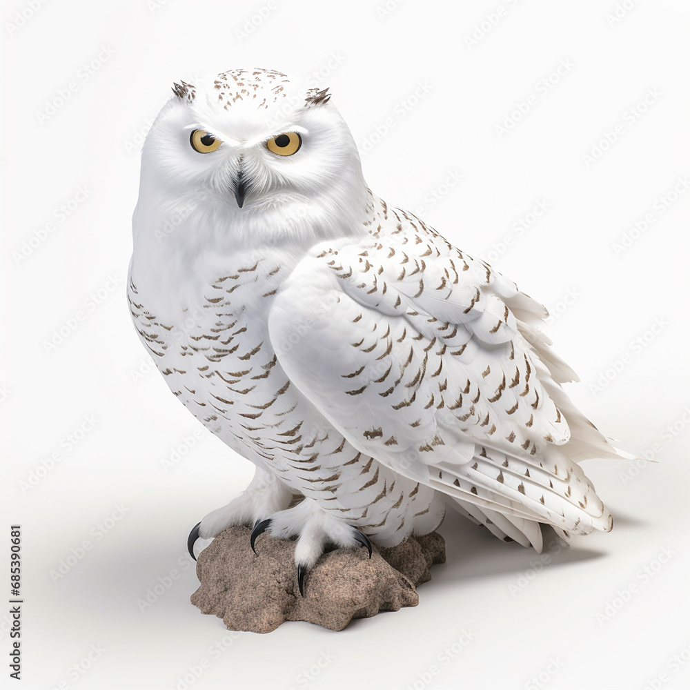 White polar owl Bubo scandiacus, beautiful bird of prey, portrait, isolated on white White polar owl Bubo scandiacus, beautiful bird of prey, portrait, isolated on white