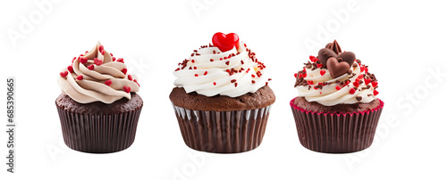 Artwork Design Mockup Template: Set of Chocolate Cupcakes with Heart on Top for Valentine’s Day in Different Flavours, Isolated on Transparent Background, PNG