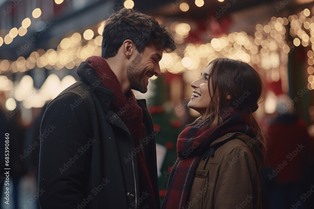 A couple smiling at each other wearing winter clothing outside, happy moment on a date at a Christmas market