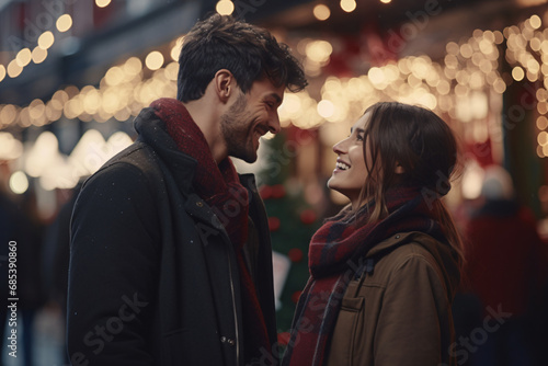 A couple smiling at each other wearing winter clothing outside, happy moment on a date at a Christmas market