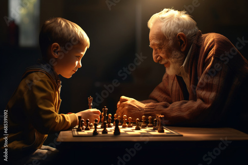 A grandfather and a grandson playing chess together, old man and young boy in a chess match