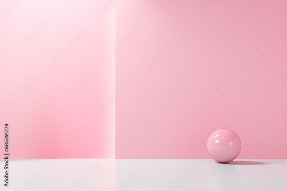 Minimalist scene with a pink wall background and white floor, featuring a lone pink ball on the right, offering ample copy space.